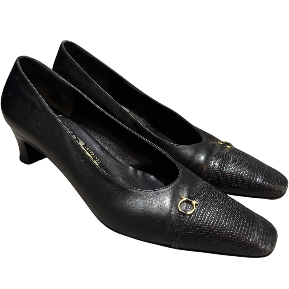 Salvatore Ferragamo Black Leather Gancini Lizard Toe Pumps Heels A40 10‎ B VTG